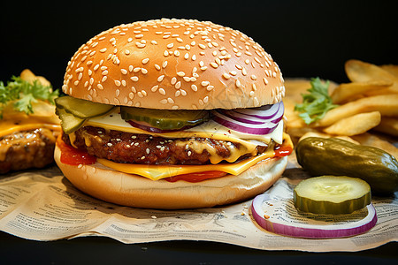 新鲜制作的芝士牛肉汉堡图片