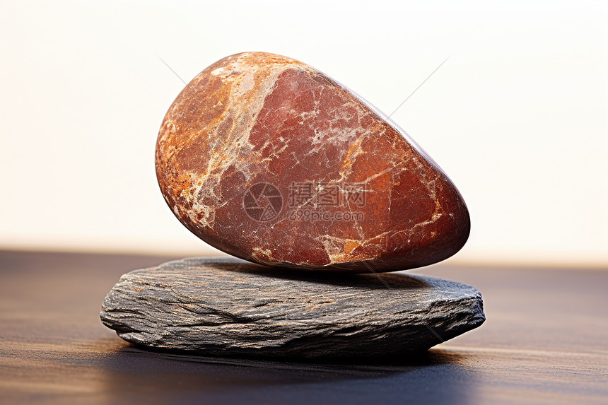 木桌上的天然鹅卵石石块图片