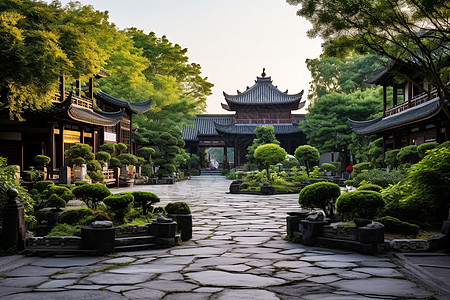 禅意庭院典雅的中式传统庭院景观插画