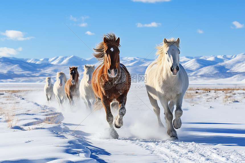 冬季雪地中飞驰的马匹图片
