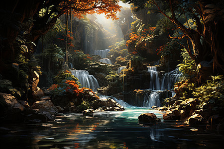 林间静谧的河流景观图片