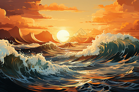 惊涛骇浪的海洋日落景观图片