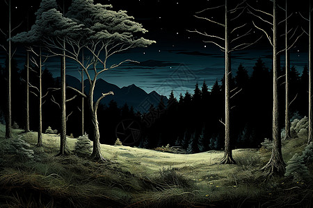 夜晚星空下的山林奇景图片