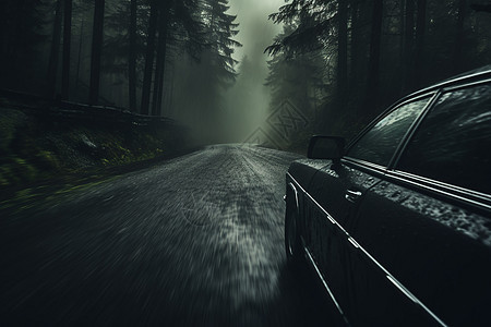 迷雾森林中的汽车图片