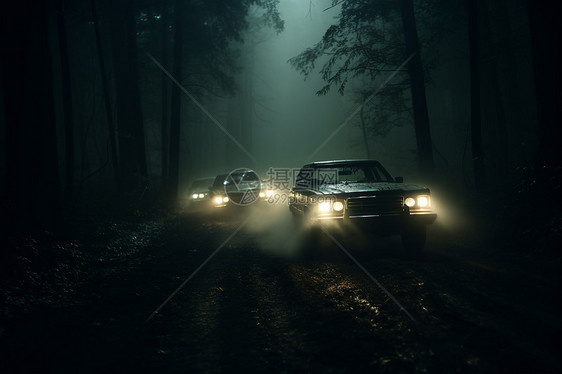 夜晚行驶在森林中的汽车图片