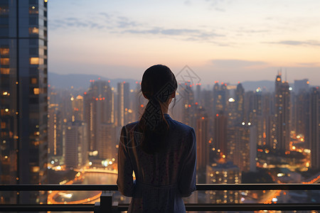 站在窗台女孩日落时分身女性站在窗台背景