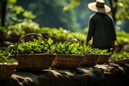 新鲜茶叶辛勤劳动的茶农背景