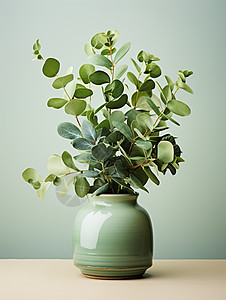 绿色花瓶上的植物图片