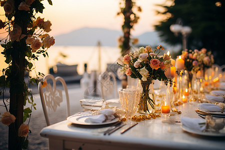 海洋风婚礼蜡烛沙滩上的浪漫晚宴背景