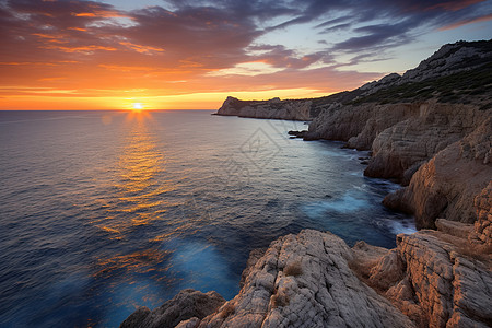 海洋上的日落前是岩石的海岸线图片