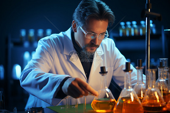 实验室里的科学家在用管子和烧瓶图片