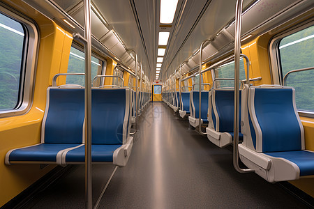 一辆有蓝色座椅的火车车厢图片