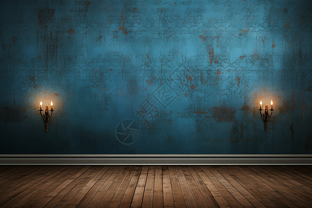 蓝墙上三支蜡烛木地板图片