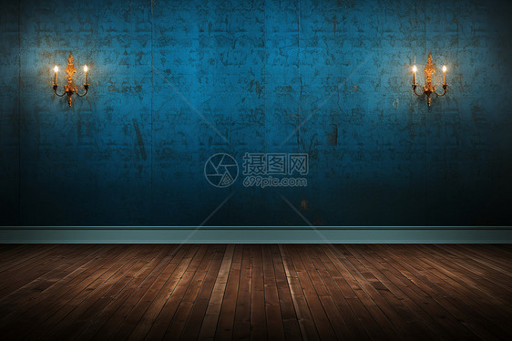 蓝色墙上的光照木地板图片