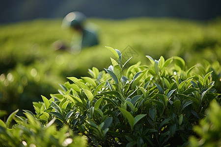 绿色的植物中一个茶农图片