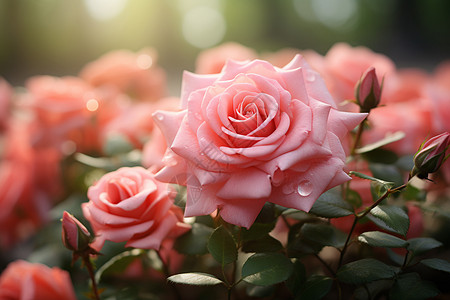 美丽粉色玫瑰粉色玫瑰园中的微距背景