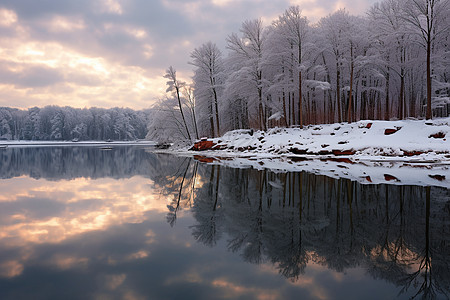 冬日中的魔幻自湖泊与树林图片