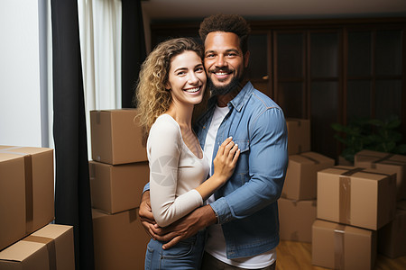 夫妻幸福的拥抱在满是箱子的新家图片