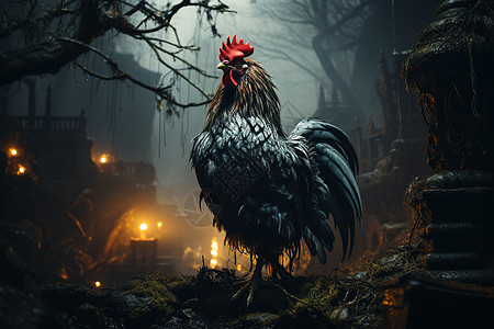 篱笆暗夜之林下的孤傲之鸡设计图片