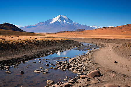 沙漠中的河流与山景图片