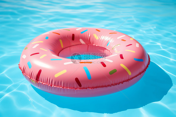一个粉色的充气游泳圈在泳池中图片
