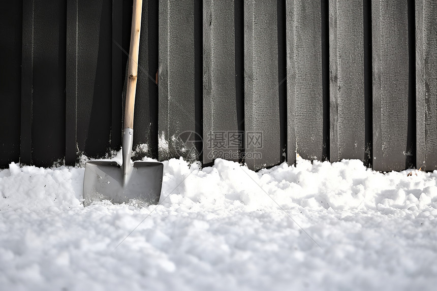 白雪覆盖的围墙旁边有一把铲子图片