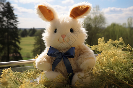 白色毛绒兔在草地上高清图片