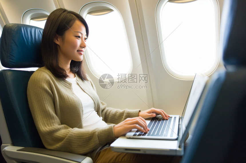 女人在飞机上办公图片