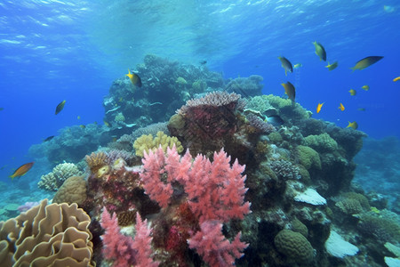 一群海鱼在珊瑚礁里游泳图片