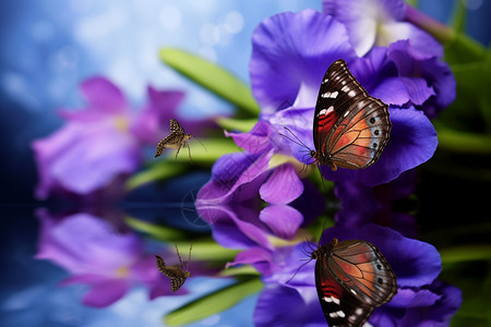 一只蝴蝶在紫色的花朵旁边图片