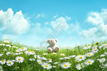 玩具熊站在菊花和草上图片