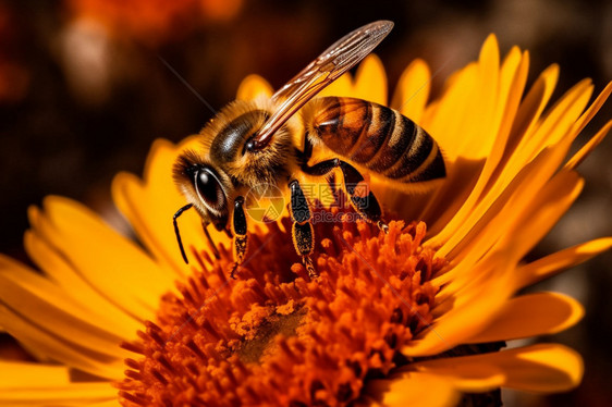 一只蜜蜂近距离在一朵花上图片
