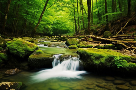 绿植密布的树林里的小溪图片