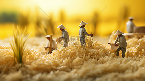 金黄色稻田中的多个微小人物图片
