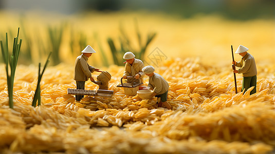 金色稻田中一群玩具人物图片