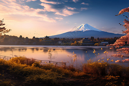 日本富士山景色日本湖畔景色背景