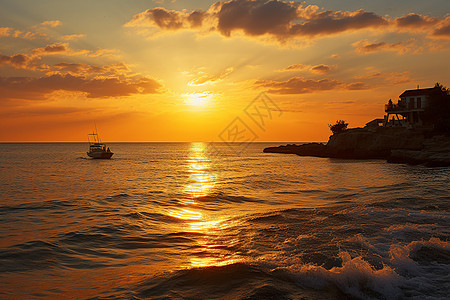 夕阳洒在湛蓝大海上图片