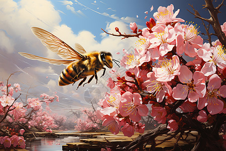 围绕着花朵的蜜蜂图片