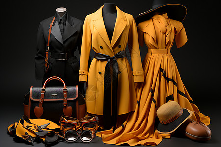 黄色裙子一组不同类型的服装和配饰背景