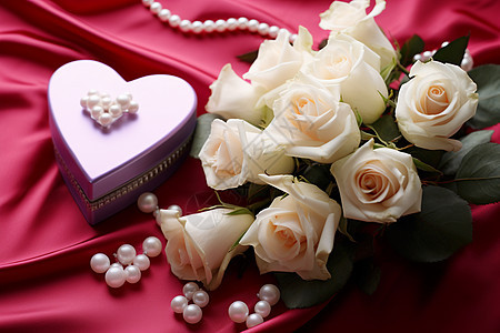 浪漫玫瑰花束与心形盒子图片