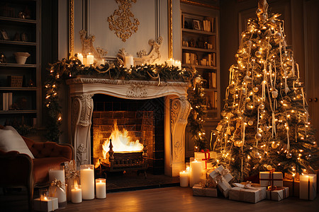 圣诞树与壁炉的温馨之夜高清图片