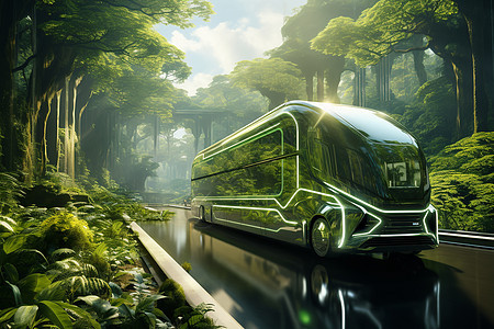森林中的绿色公交图片