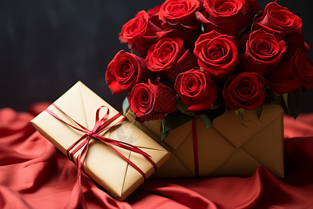 桌子上的礼物和玫瑰花图片