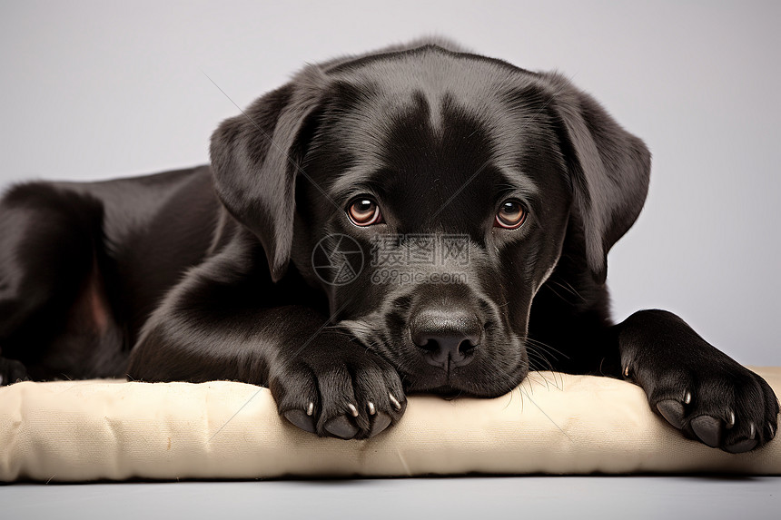 黑色狗狗趴在垫子上图片