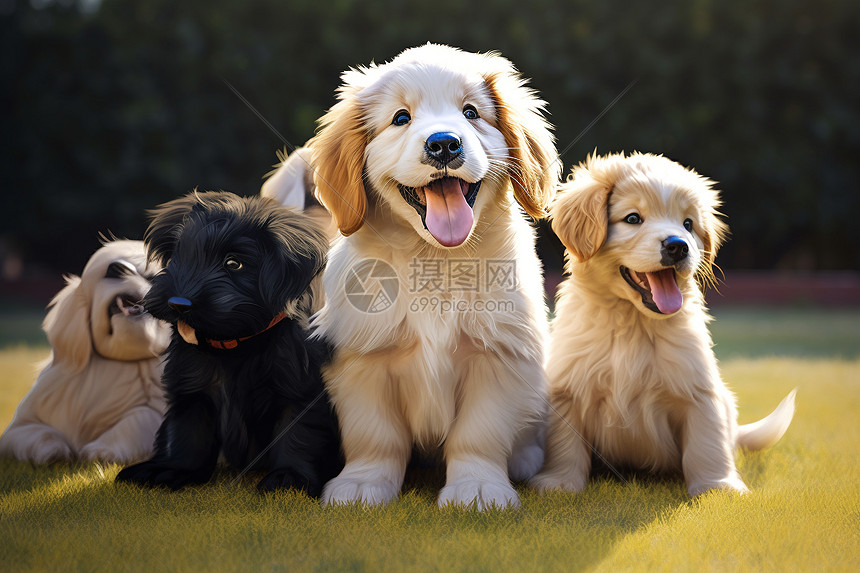 一群狗狗在草地上休息图片