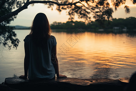 女孩欣赏湖边日落高清图片