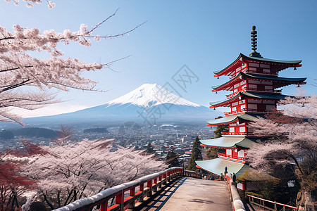 富士山樱花美丽的樱花盛开背景
