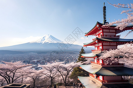 日本东京樱花富士山下的美丽樱花背景