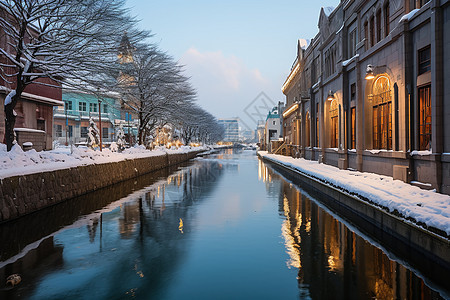 白雪覆盖城市运河图片