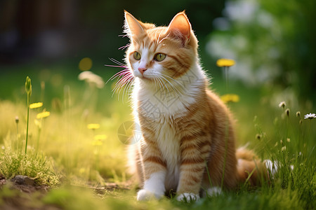 草地上坐着一只猫图片